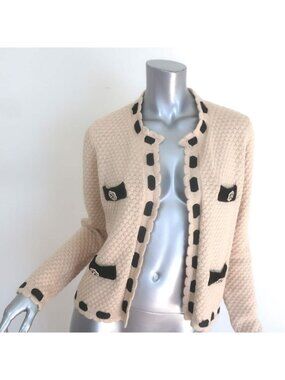 L'Agence Astor Contrast-Trim Cardigan Beige Textured Knit Size Small